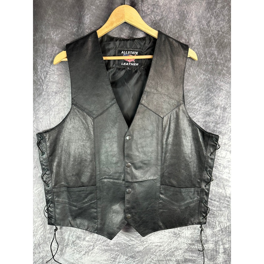 NWOT Allstate Leather Motorcycle Vest Mens Large Black Side Lace Snap Biker